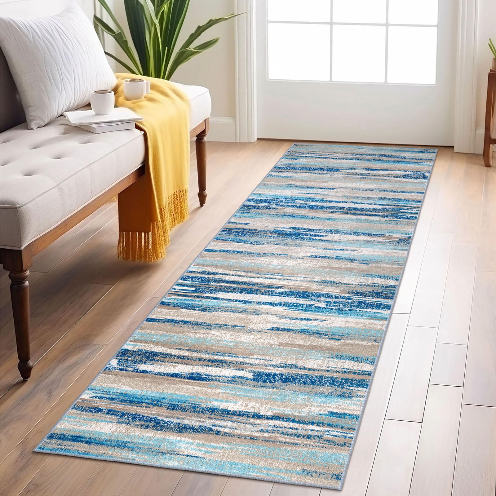 Lansny abstract runner rug 2x6 in blue wash enhances hallways with easy cleaning.