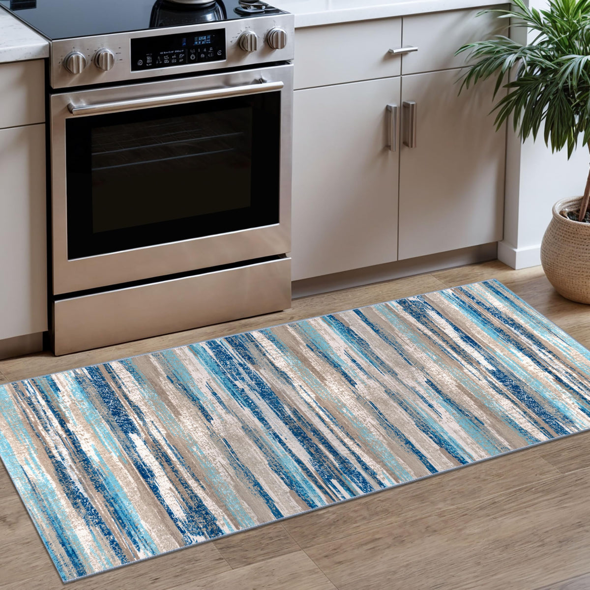 Lansny modern abstract runner rug in blue wash ideal for entryways