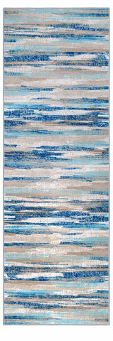Lansny ombre aqua-blue rug blends with decor and hides wear.