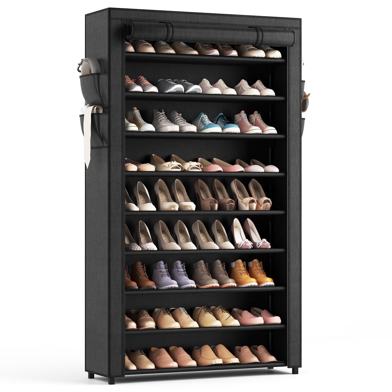 LANTEFUL 10-tier shoe rack with cover keeps shoes organized and protected.