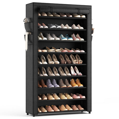 LANTEFUL 10-tier shoe rack with cover keeps shoes organized and protected.