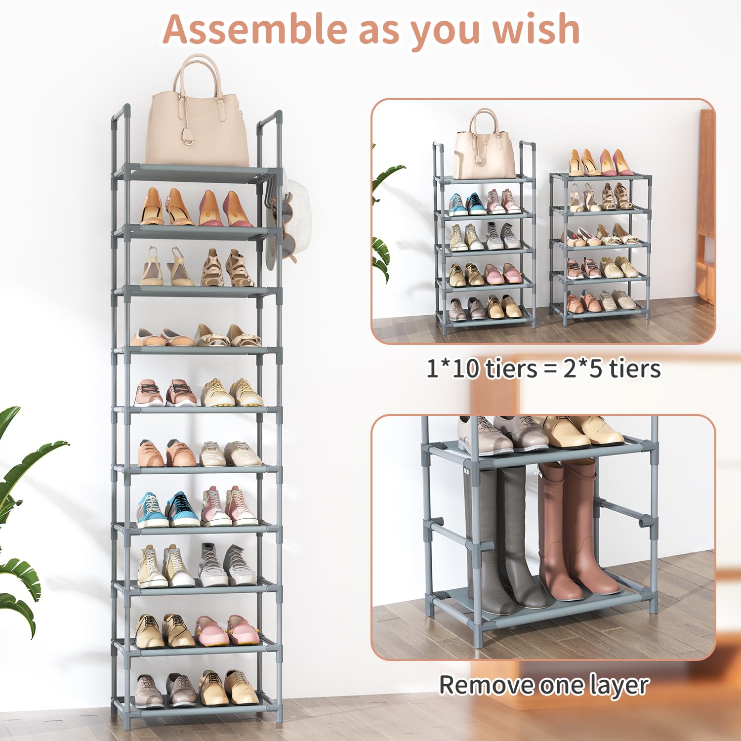 LANTEFUL 10-tier shoe rack dimensions illustrate the tall footprint.