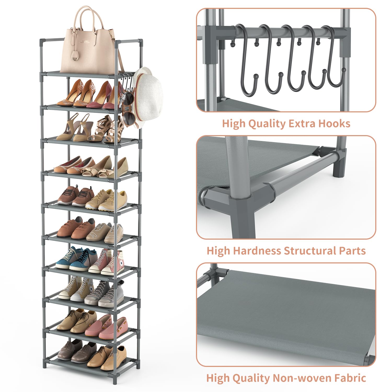 LANTEFUL 10-tier shoe rack two-hooks demonstrate convenient hanging storage for keys and bags.