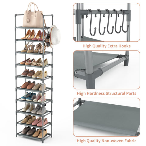 LANTEFUL 10-tier shoe rack two-hooks demonstrate convenient hanging storage for keys and bags.
