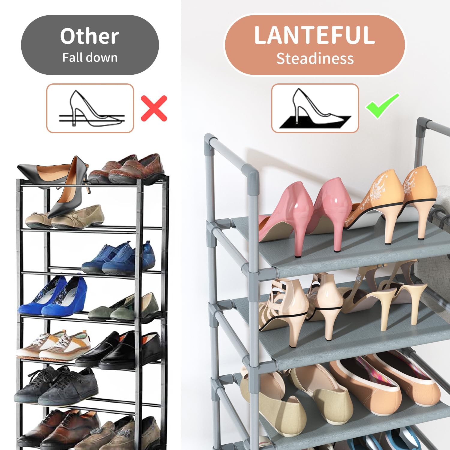 LANTEFUL 10-tier shoe rack two-unit setup demonstrates modular flexibility.