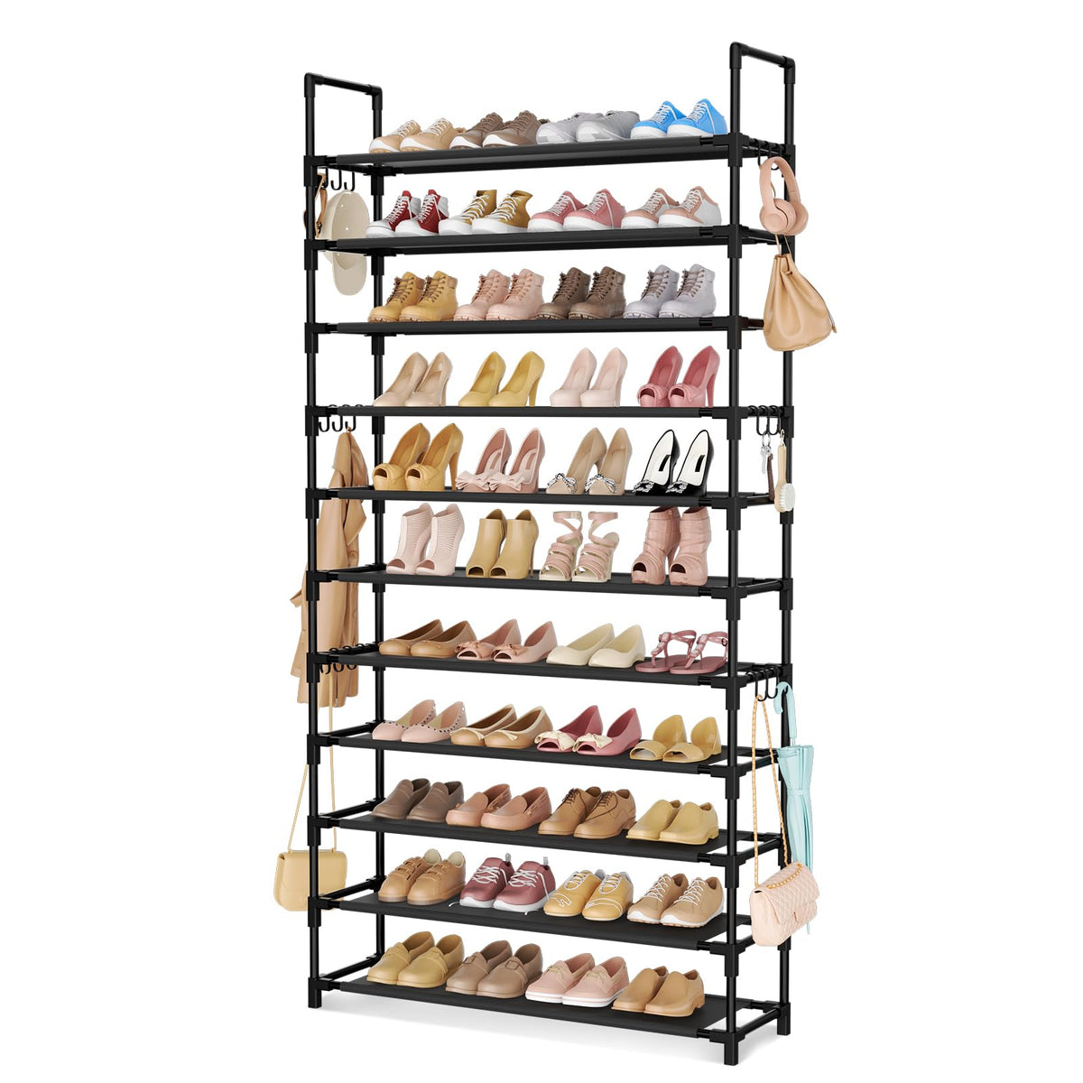 LANTEFUL 11-Tier Shoe Rack full front view in black showing ample storage for shoes