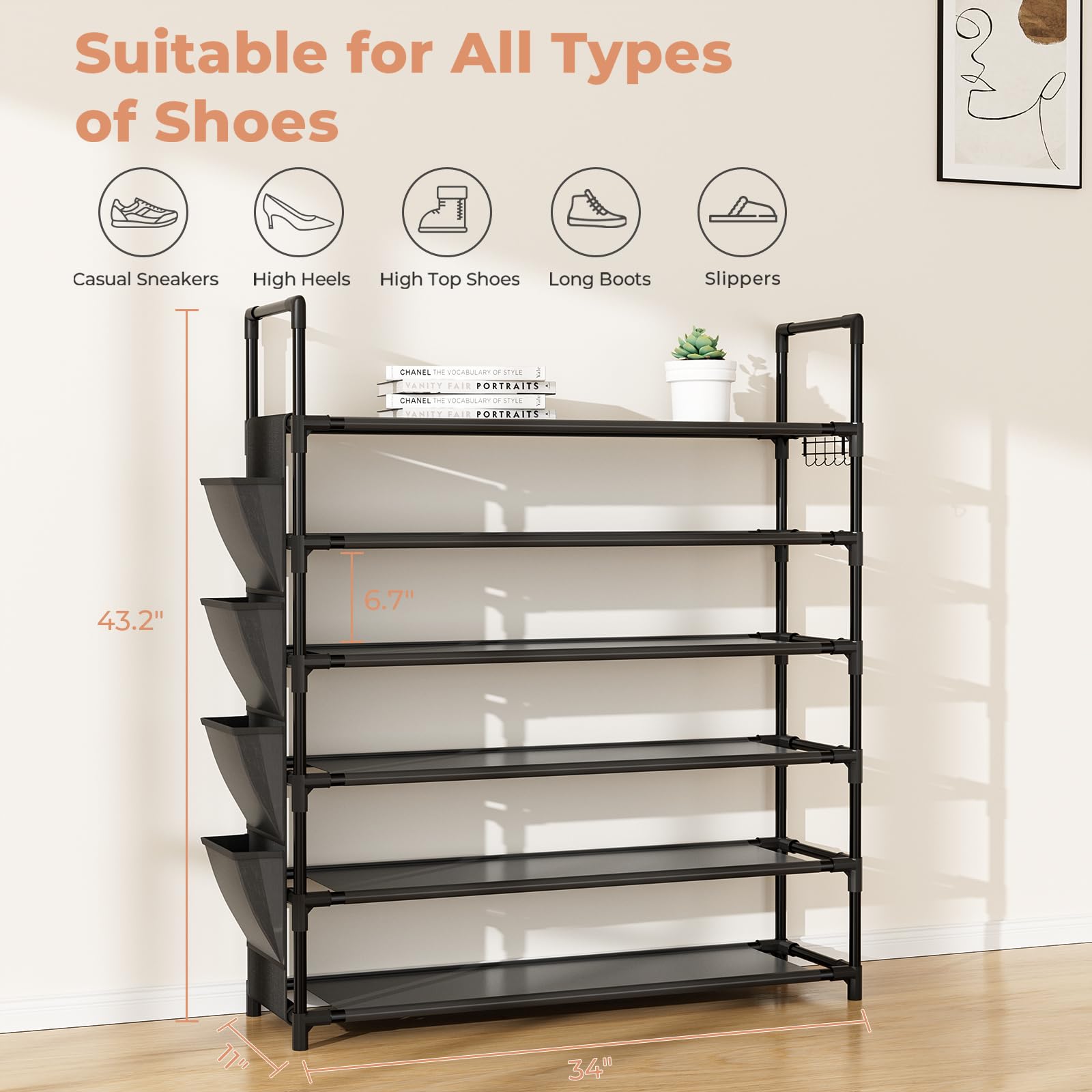 LANTEFUL 6-tier rack with hooks for hats and bags to save entryway space
