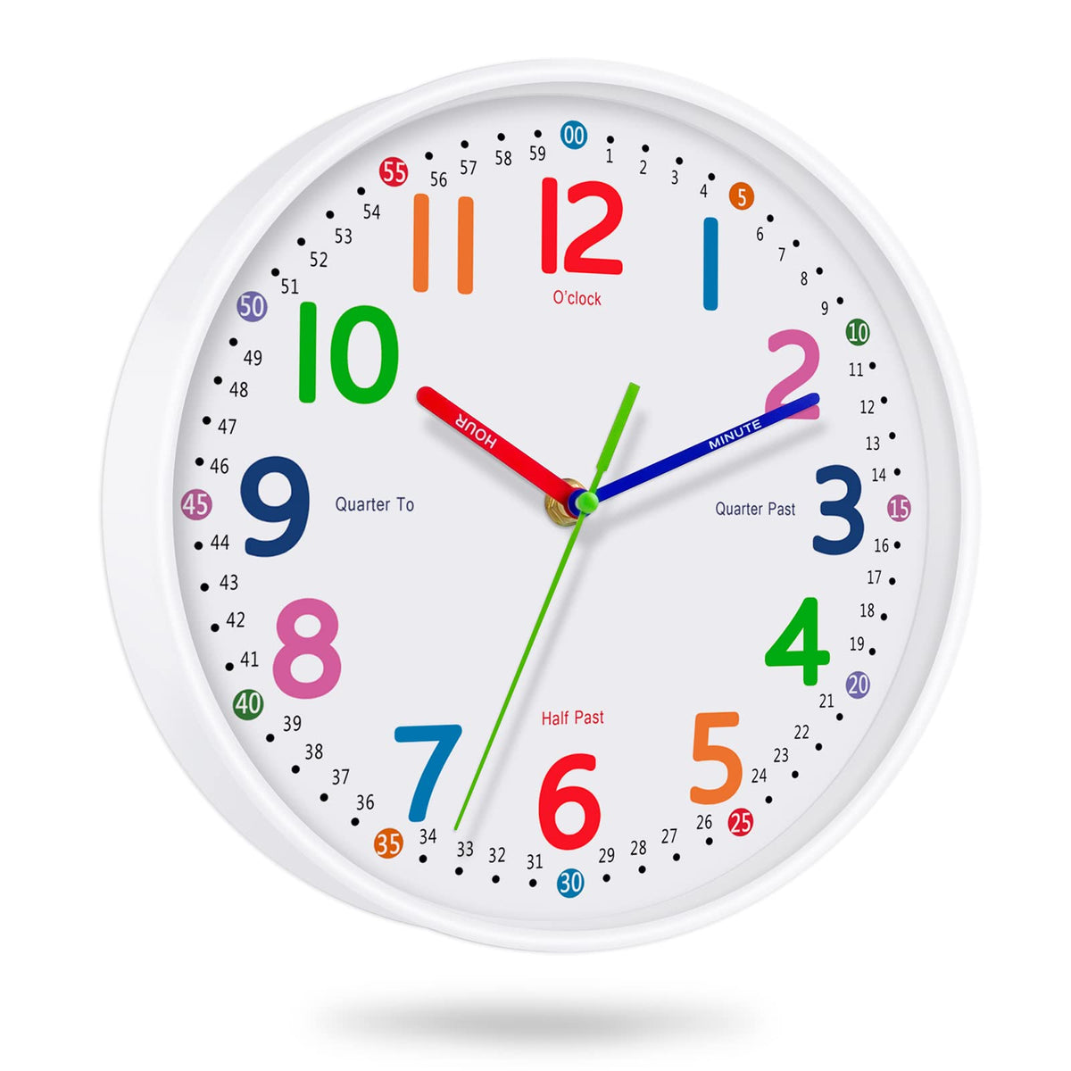 Lantoo silent kids wall clock front view with colorful numerals for easy learning