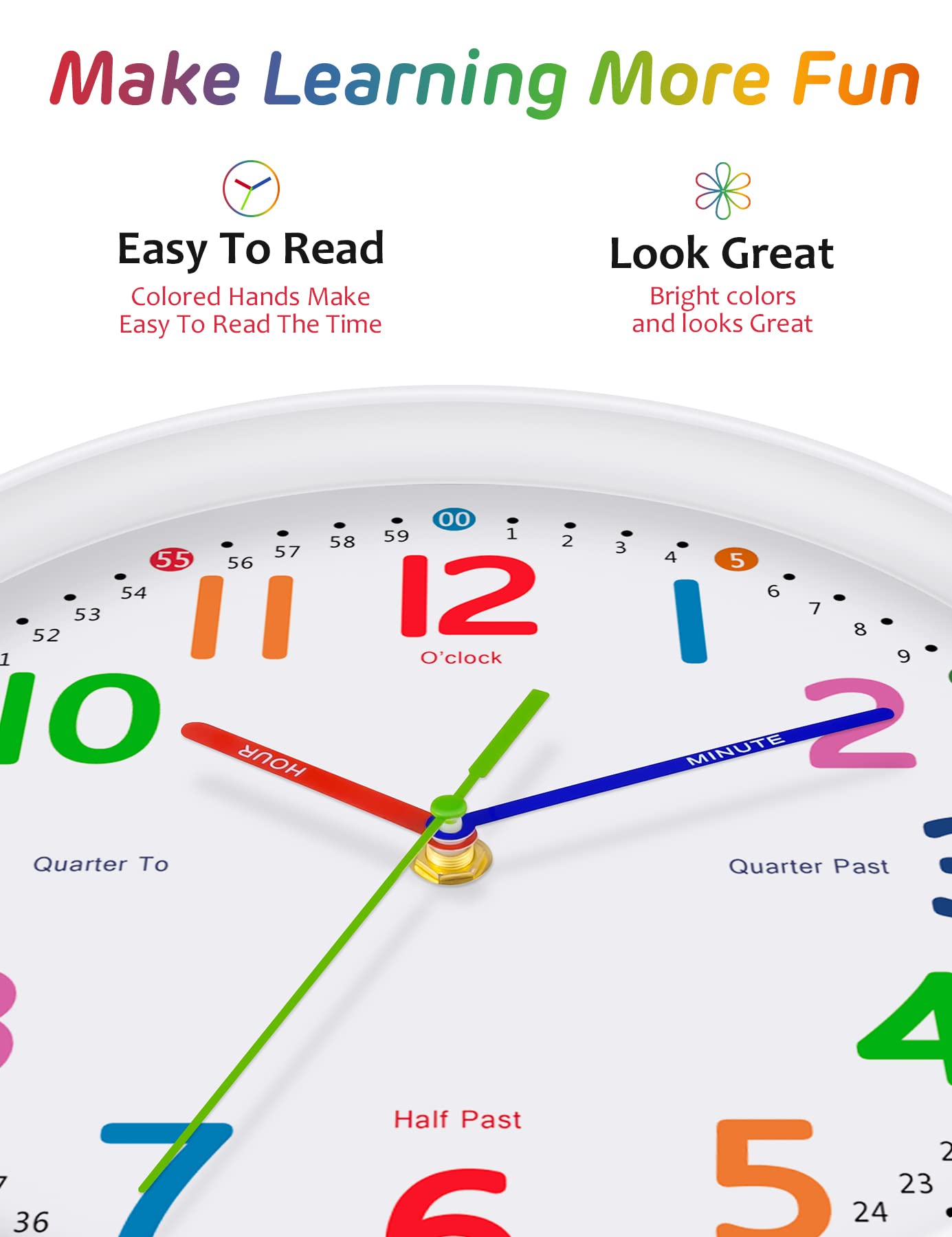 Lantoo silent kids wall clock colorfully numbered close-up for focus