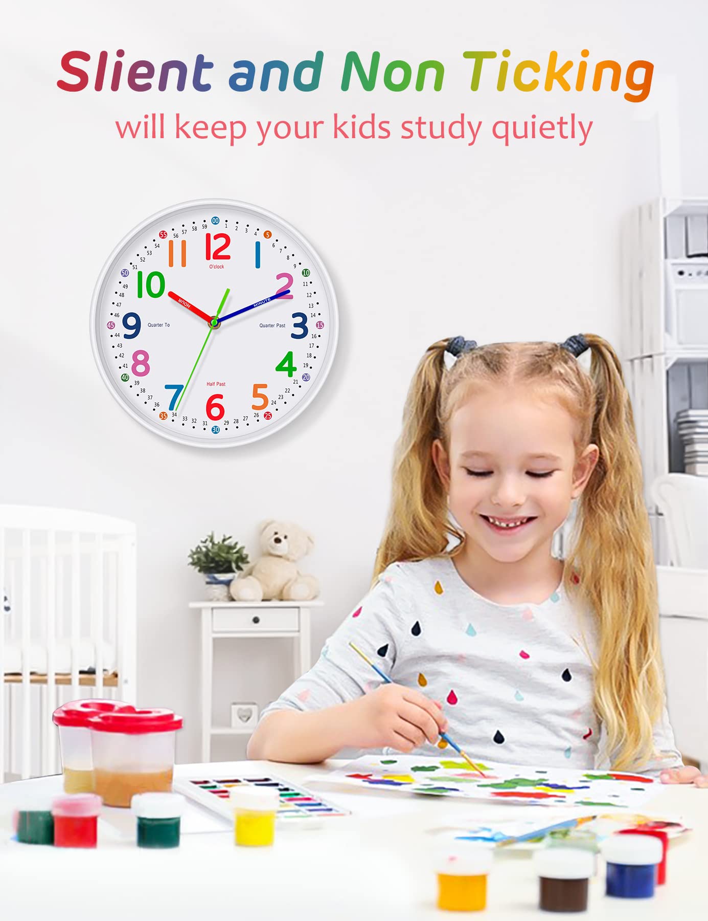 Lantoo silent kids wall clock white frame blends with any room decor
