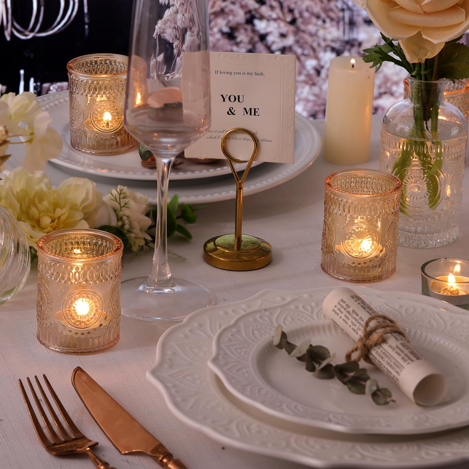 Lanttu gold votive table centerpiece creates intimate dinner ambiance