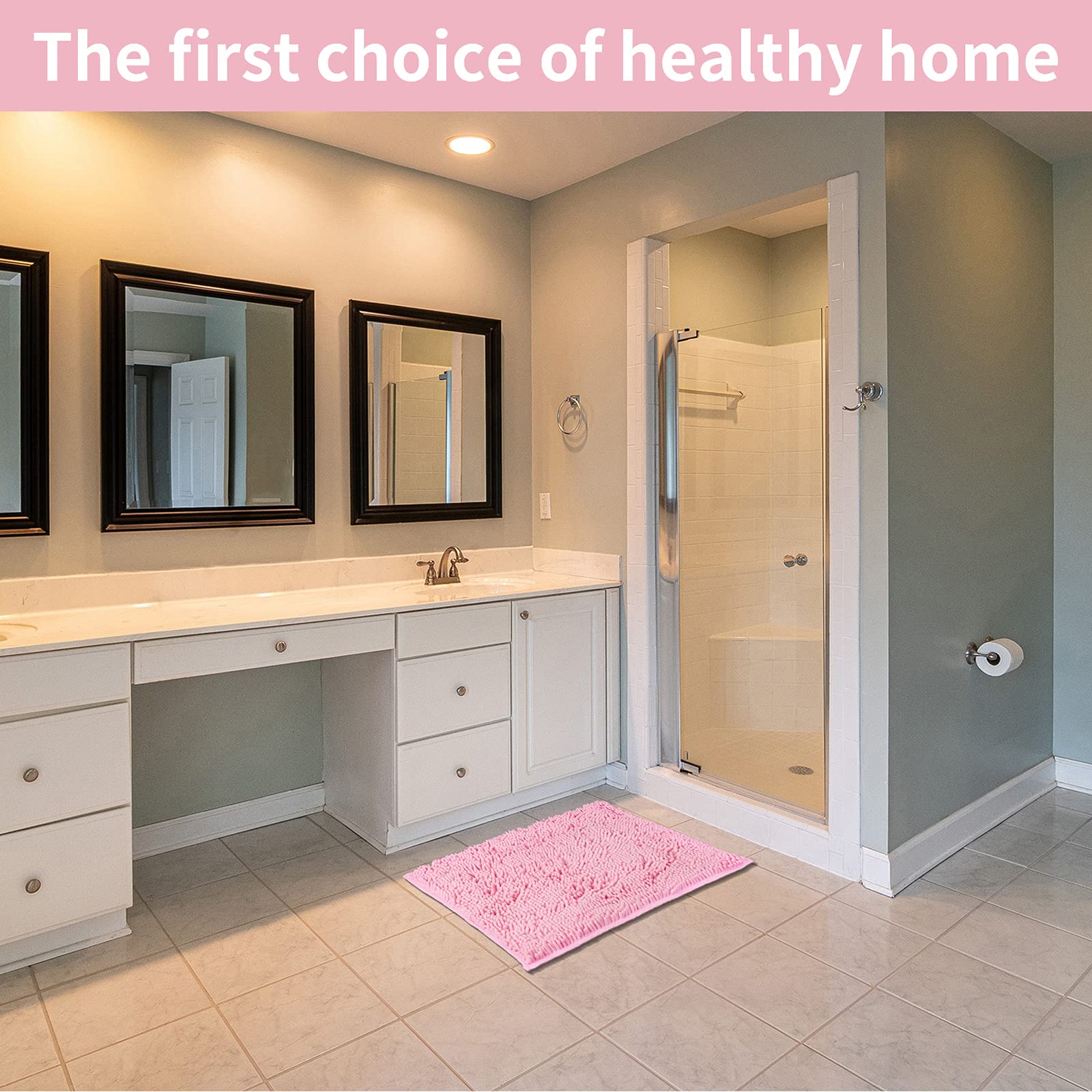 LanYunUmi Pink water-absorbent rug dries quickly after shower.