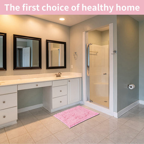 LanYunUmi Pink water-absorbent rug dries quickly after shower.