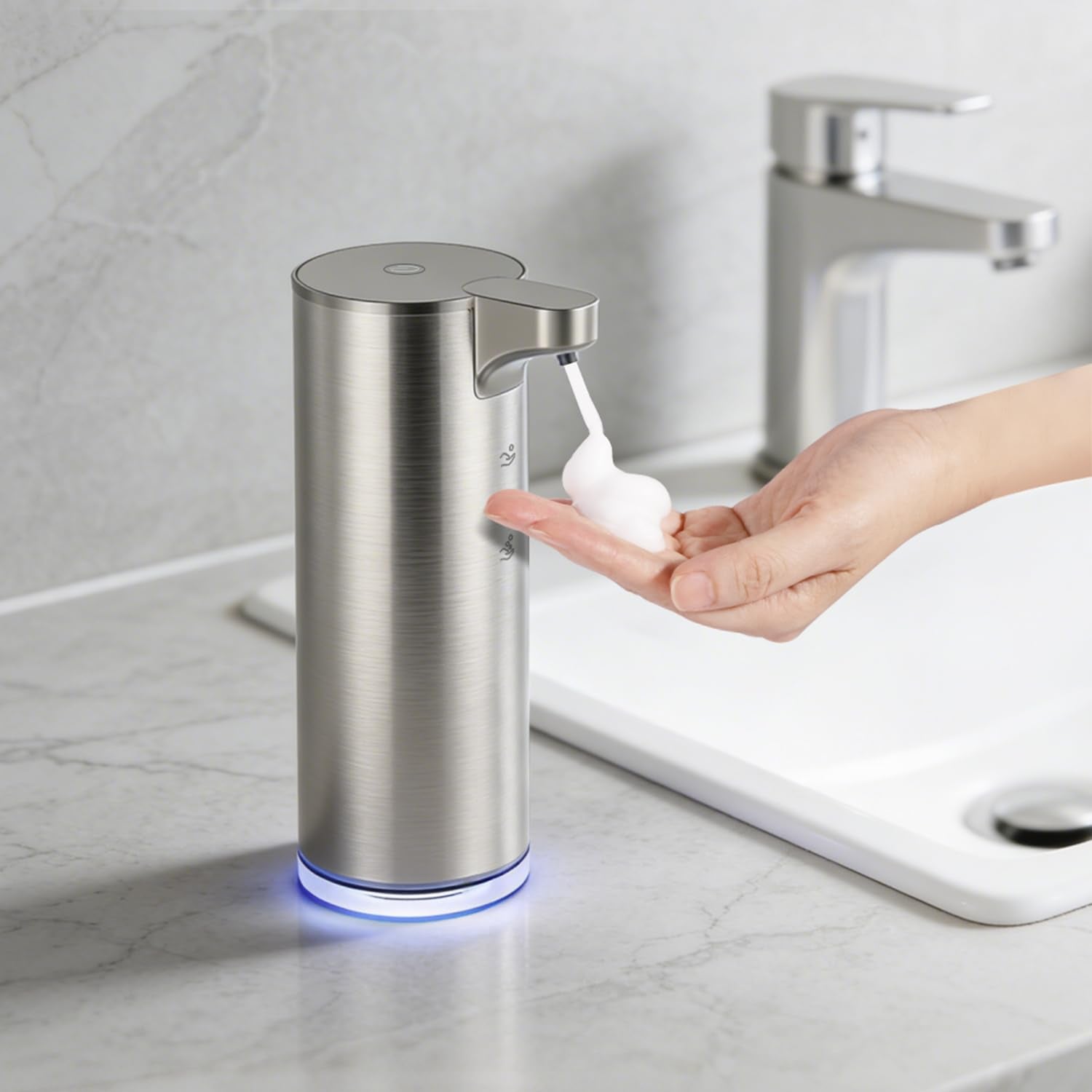 LAOPAO automatic foaming soap dispenser front view with matte stainless steel finish.