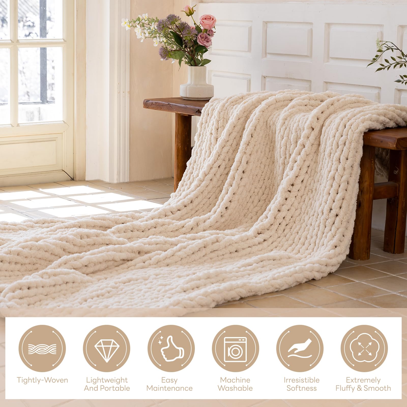 Larexius chunky knit blanket cream 60x80 folded, ready for snuggle.