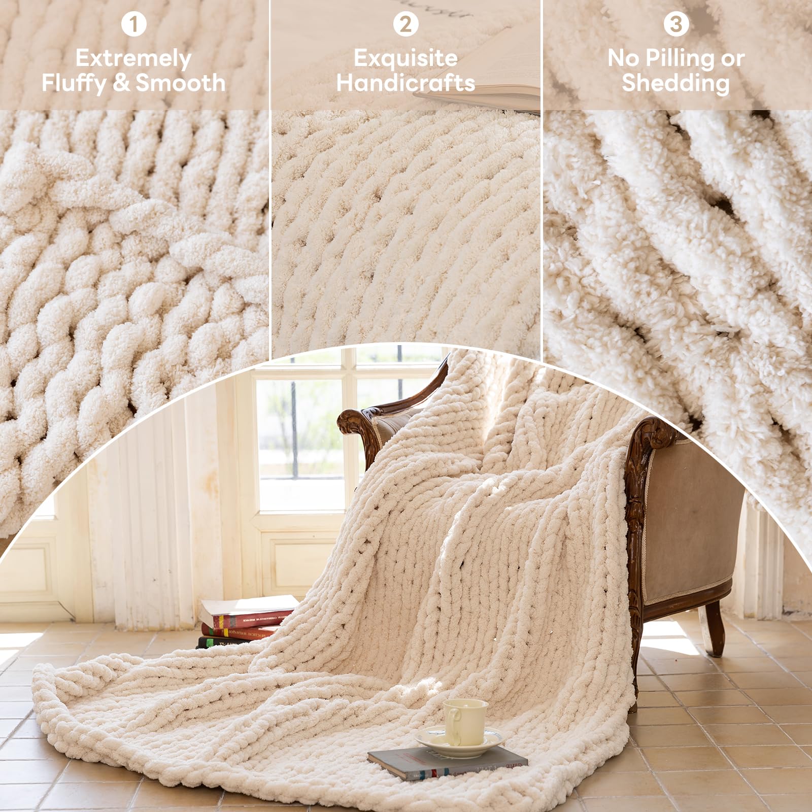 Gift-ready packaging for Larexius chunky knit blanket in cream.
