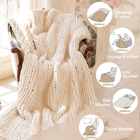 Larexius chunky knit blanket close view of handwoven chenille stitches.