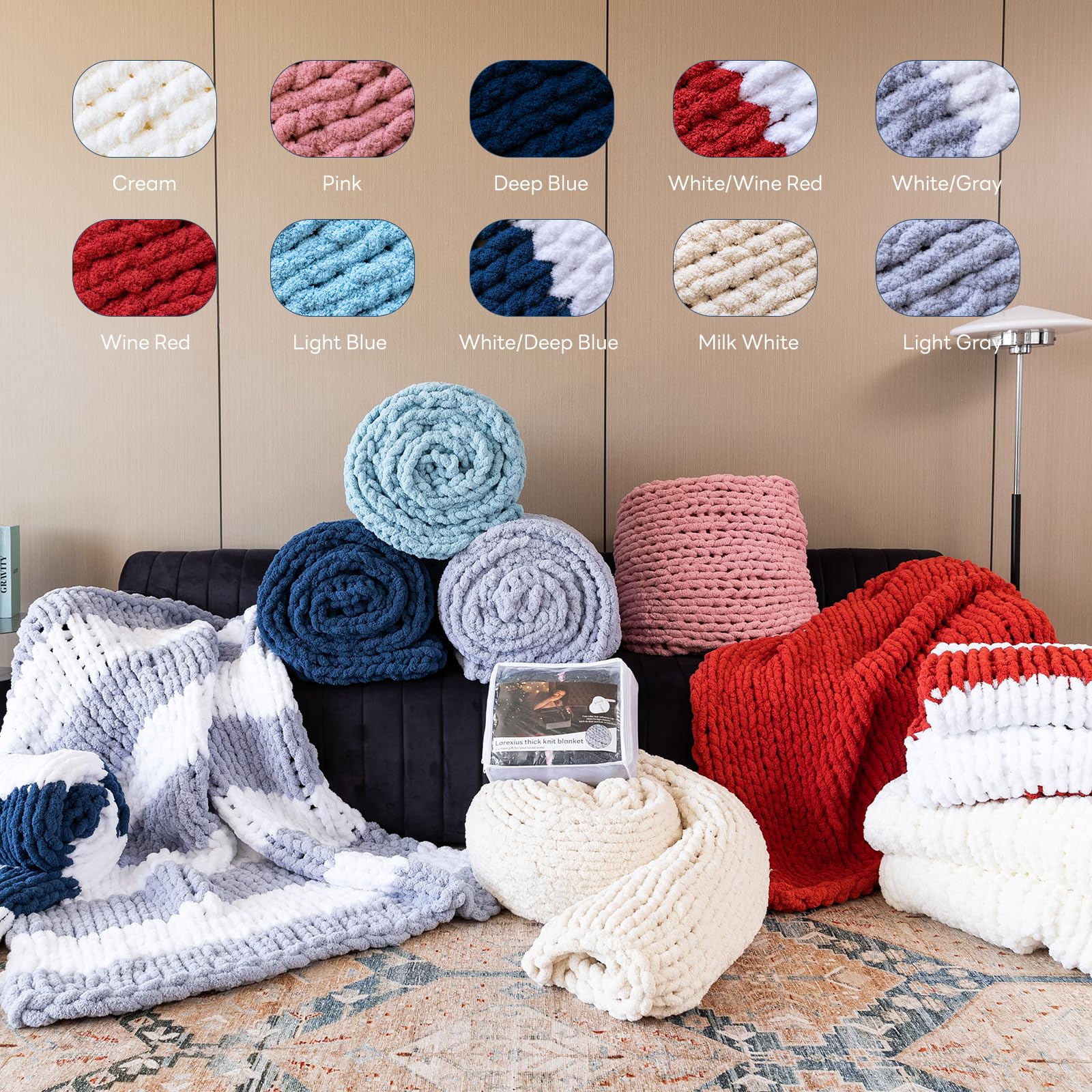 Lifestyle shot: Larexius chunky knit blanket complements living room décor.