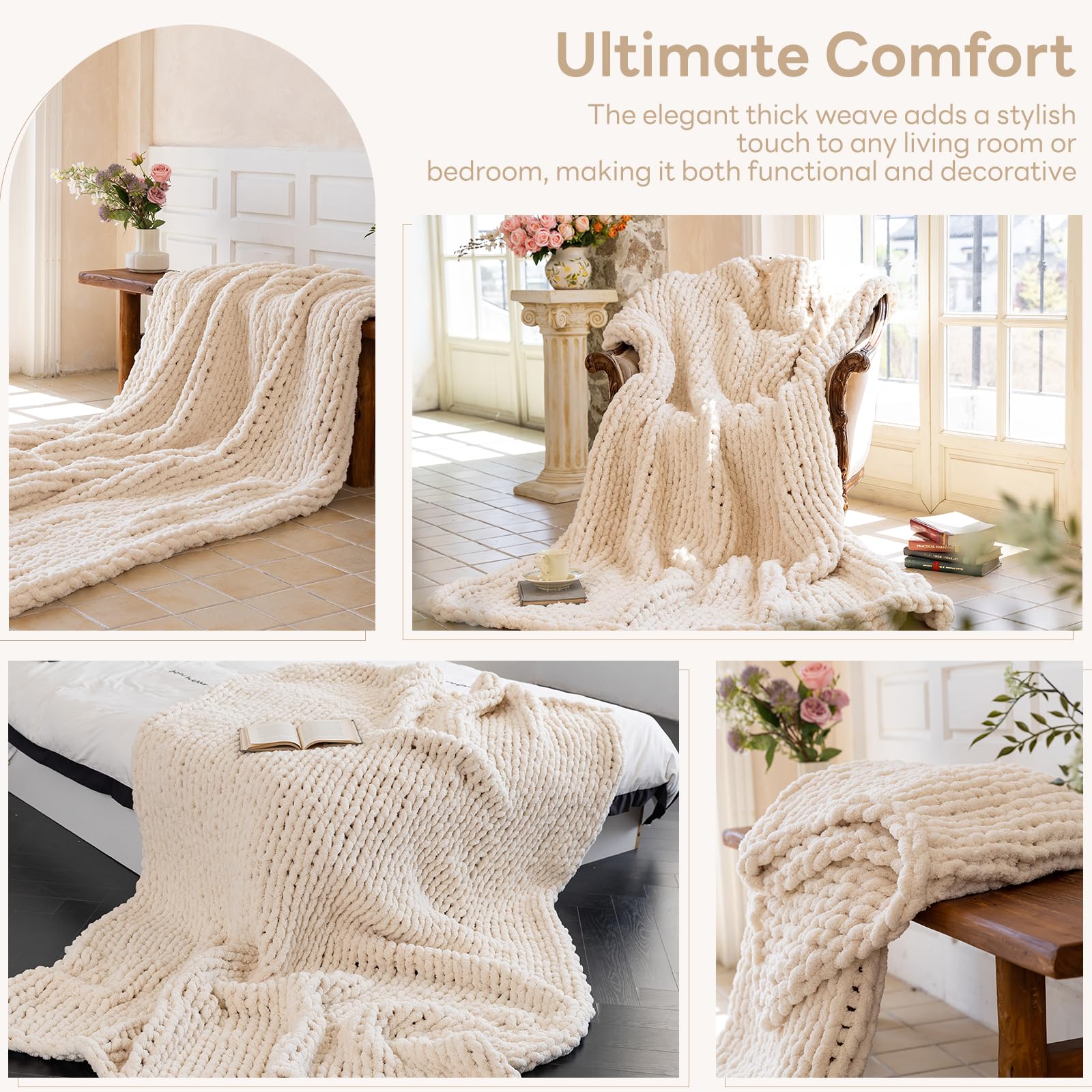Larexius chunky knit blanket cream on couch adds warm, inviting décor.