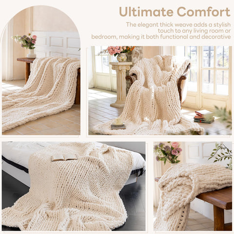 Larexius chunky knit blanket cream on couch adds warm, inviting décor.