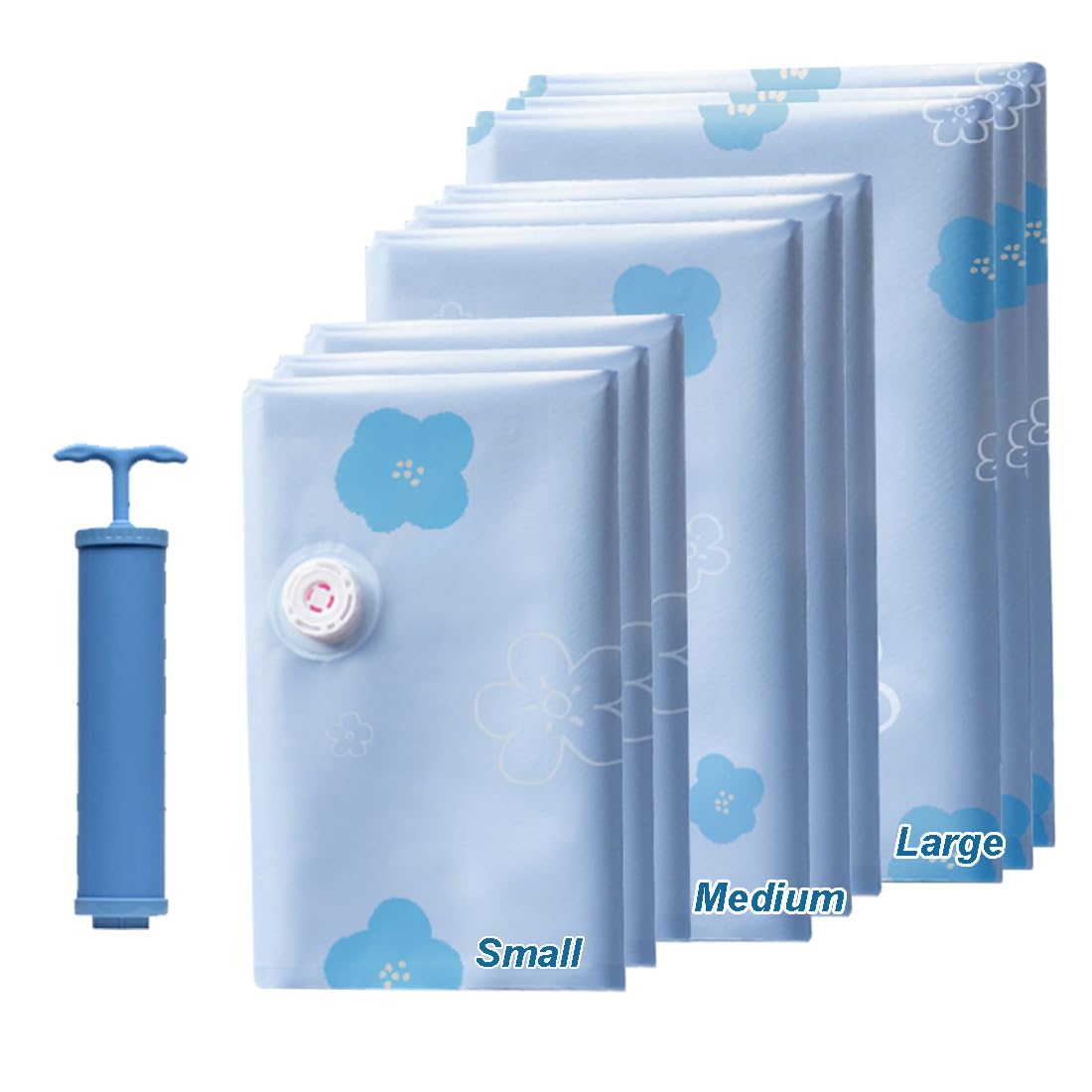 Larkeey 9 pack vacuum storage bags neatly organized to save closet space.