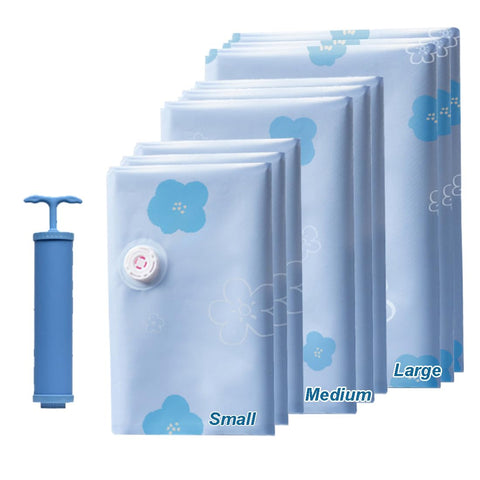 Larkeey 9 pack vacuum storage bags neatly organized to save closet space.