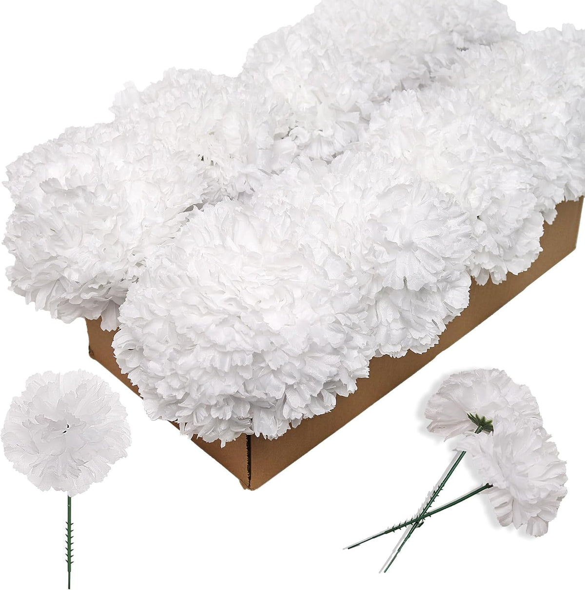 Larksilk 100-pack artificial carnations for bulk wedding centerpieces.