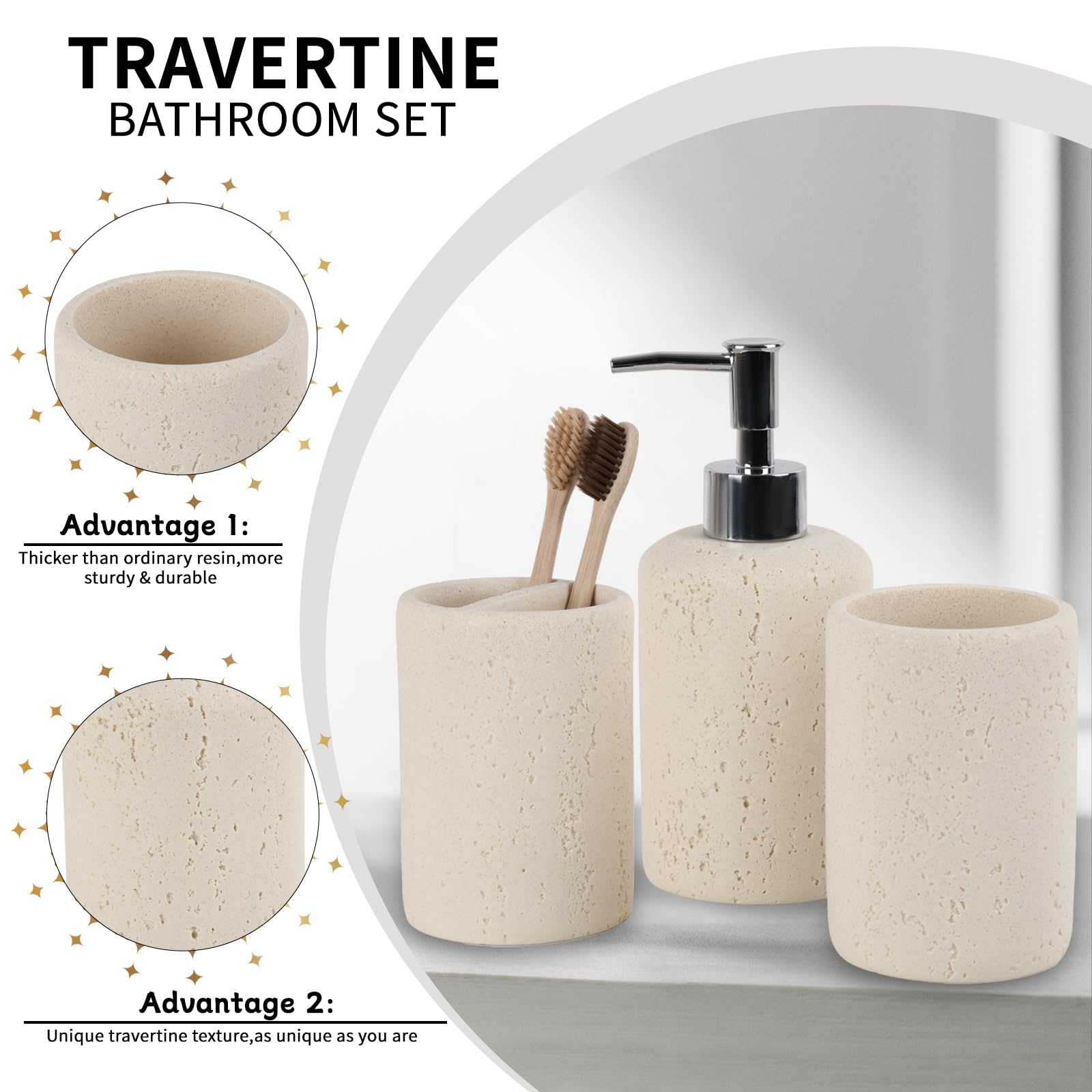 L'ARL GMVOI travertine bathroom ensemble enhances modern decor with stone-inspired resin.
