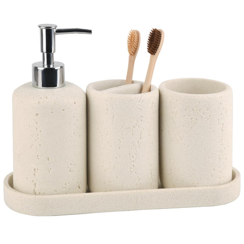 L'ARL GMVOI travertine dispenser on a tidy counter for easy soap access.