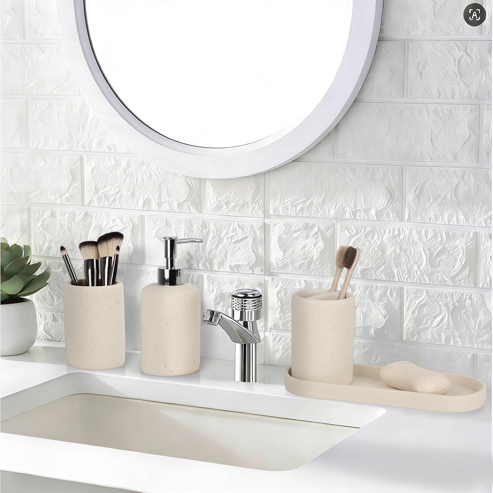L'ARL GMVOI travertine toothbrush holder keeps brushes organized.
