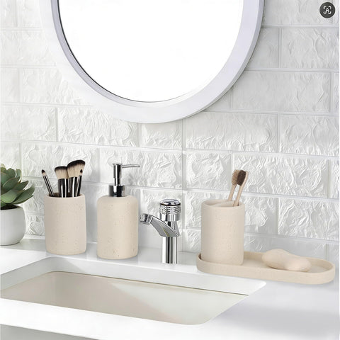 L'ARL GMVOI travertine toothbrush holder keeps brushes organized.