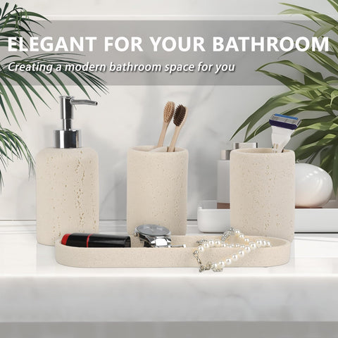 L'ARL GMVOI travertine vanity tray displays perfumes and jewelry neatly.
