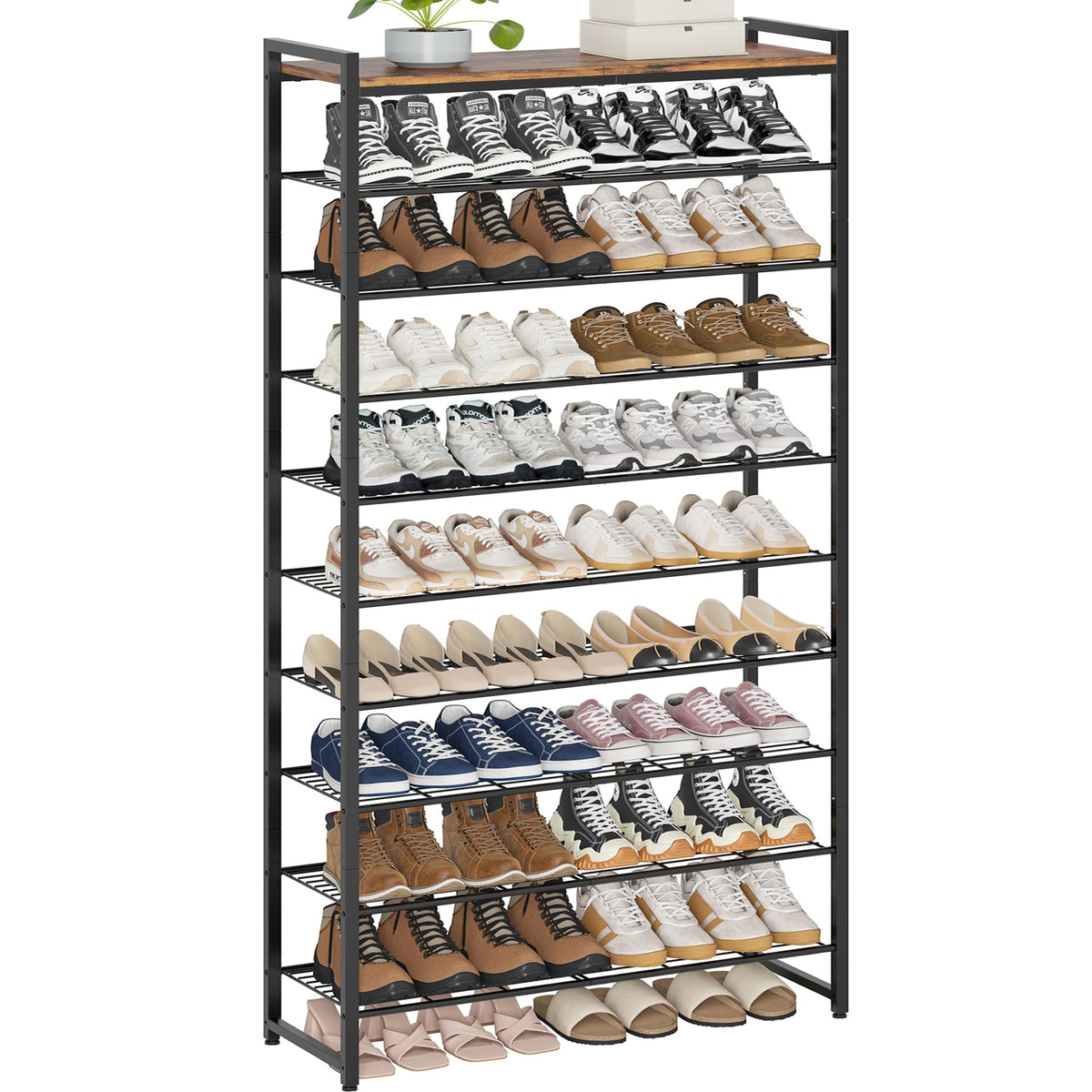 Larzonic 10-tier shoe rack side view highlighting tall storage for many shoes