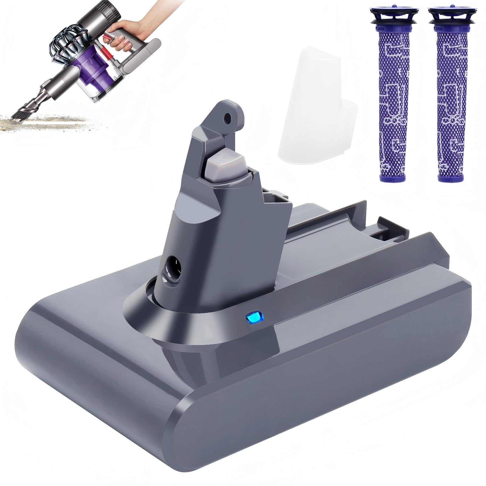 Lasica V6 replacement battery with filters showing extended runtime for Dyson V6