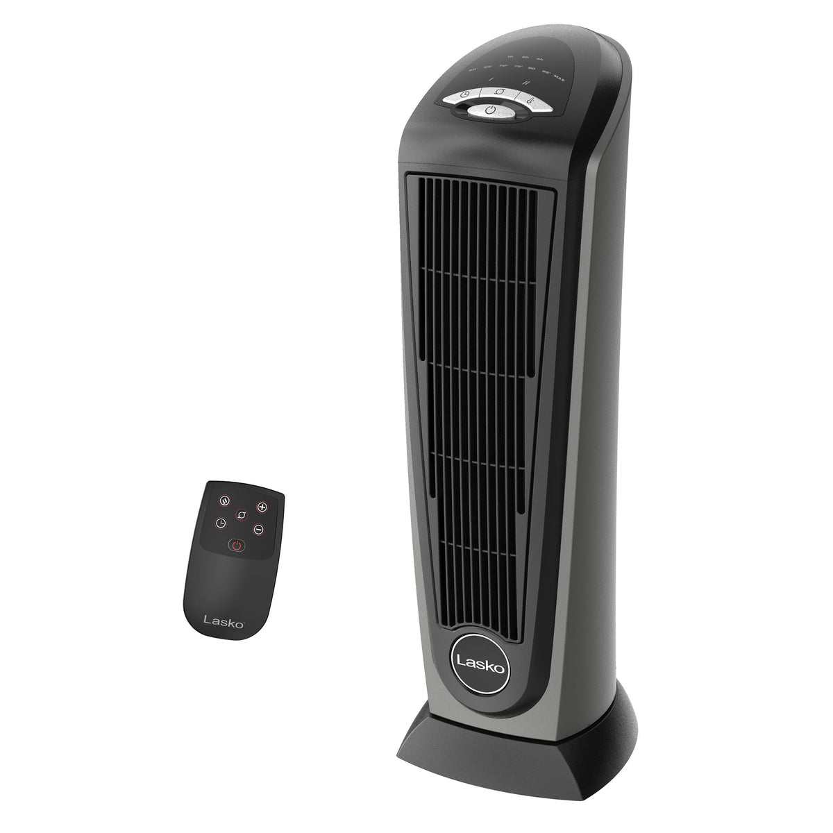 Lasko 1500W ceramic tower heater front view showing compact design for quick room warmth