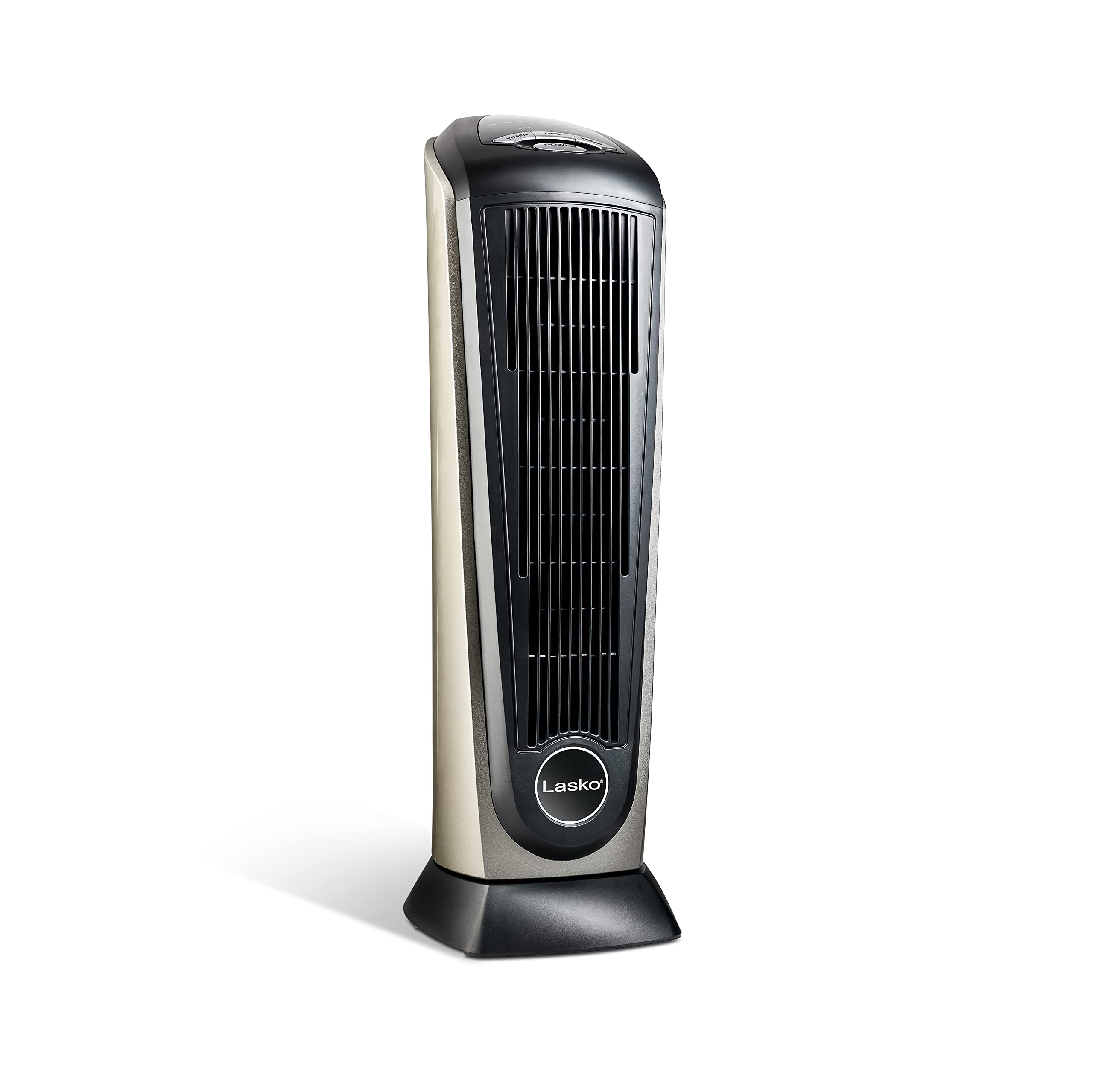 Lasko 1500W ceramic tower heater in a cozy bedroom setup