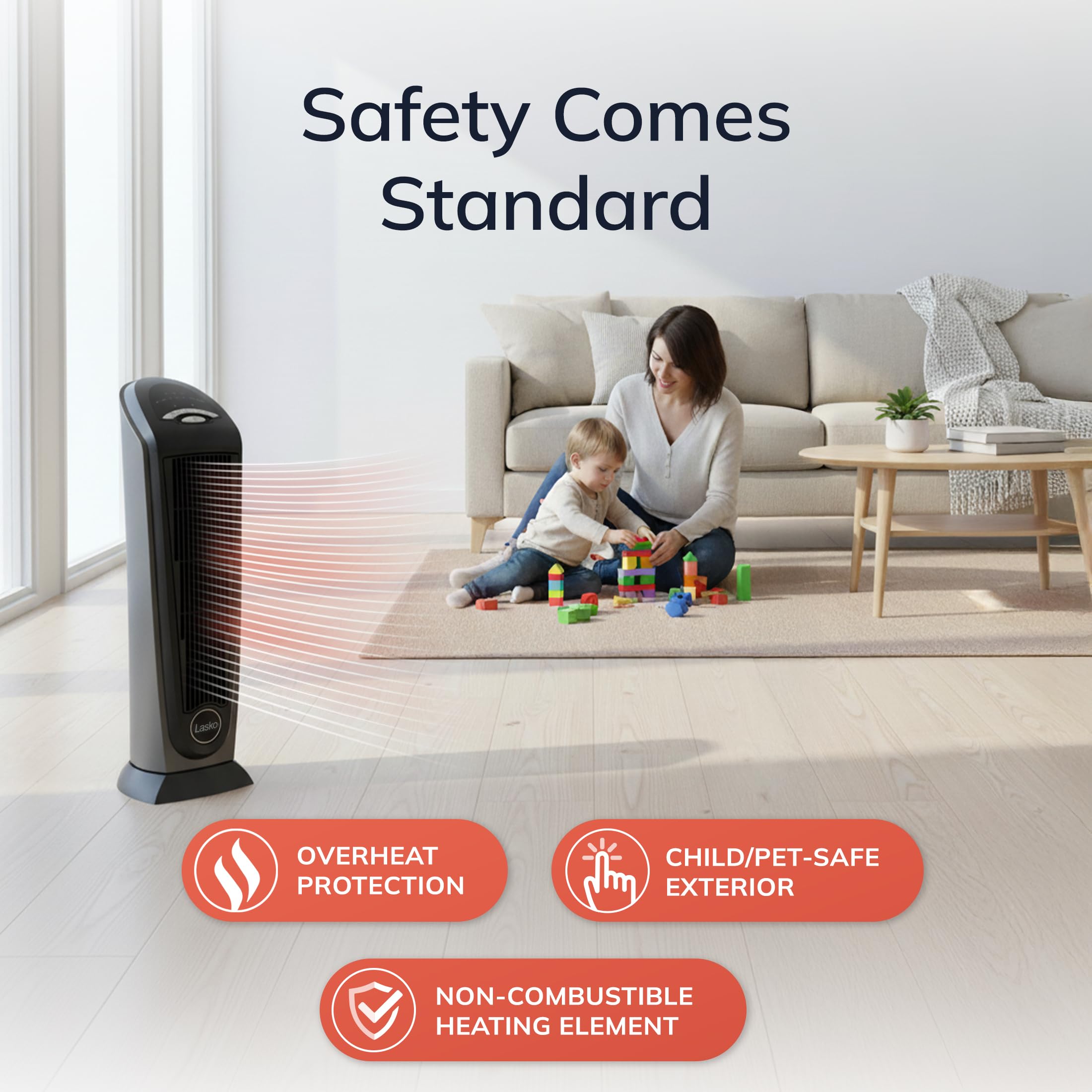 Lasko portable tower heater with space-saving design and carry handle