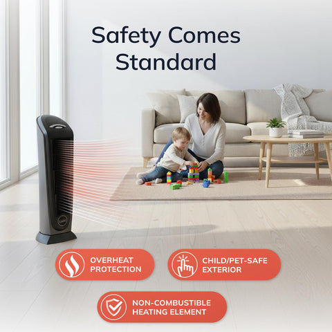 Lasko portable tower heater with space-saving design and carry handle