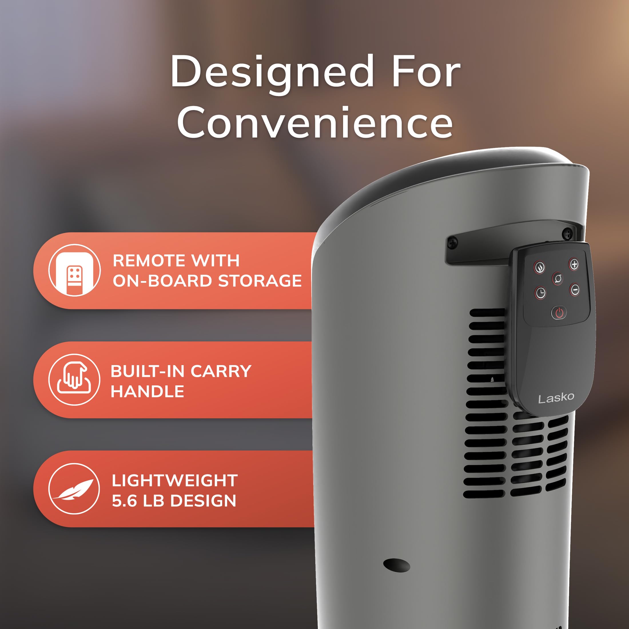 Lasko 1500W ceramic tower heater safety features including ETL listing