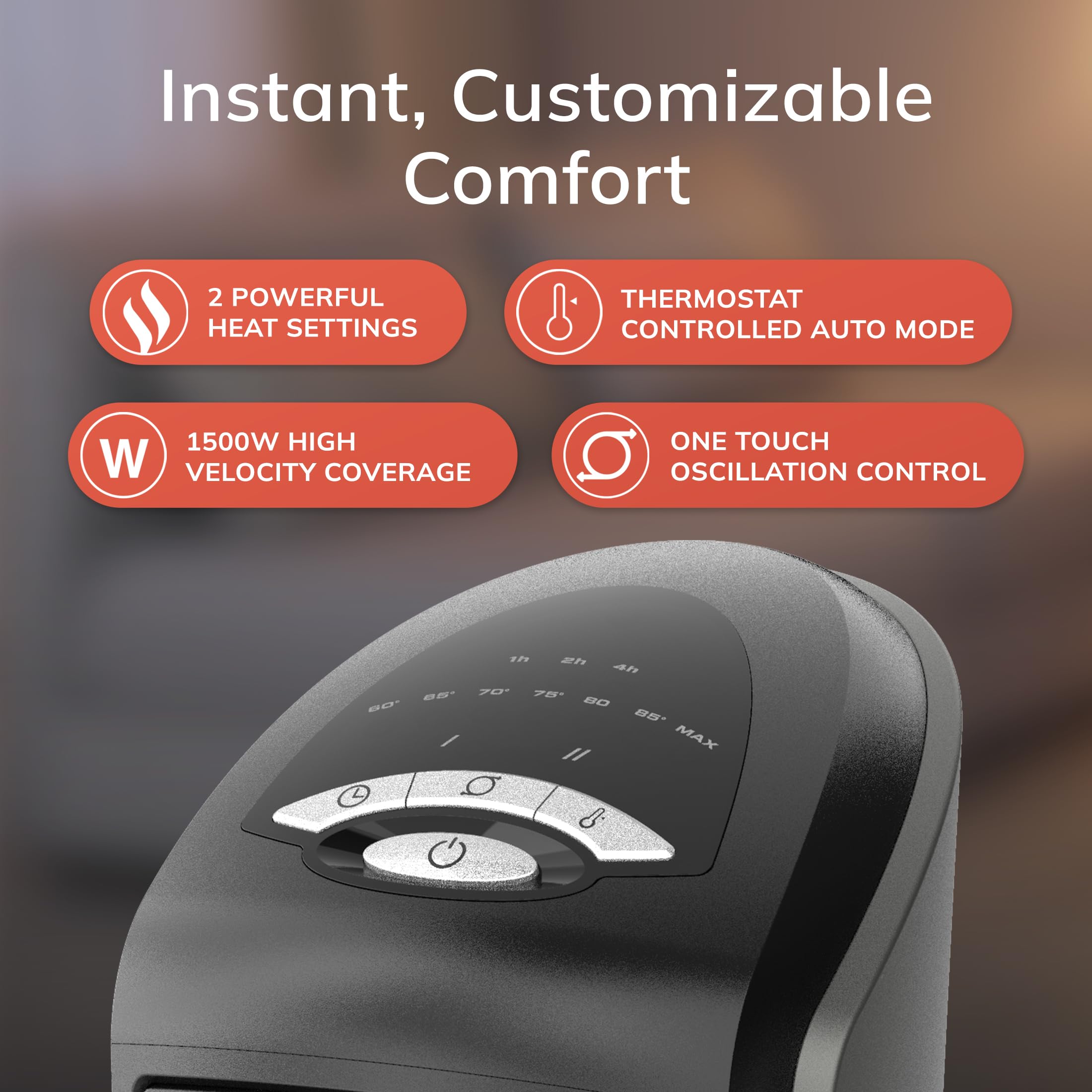 Lasko 1500W ceramic tower heater with wide oscillation spreading heat across the room