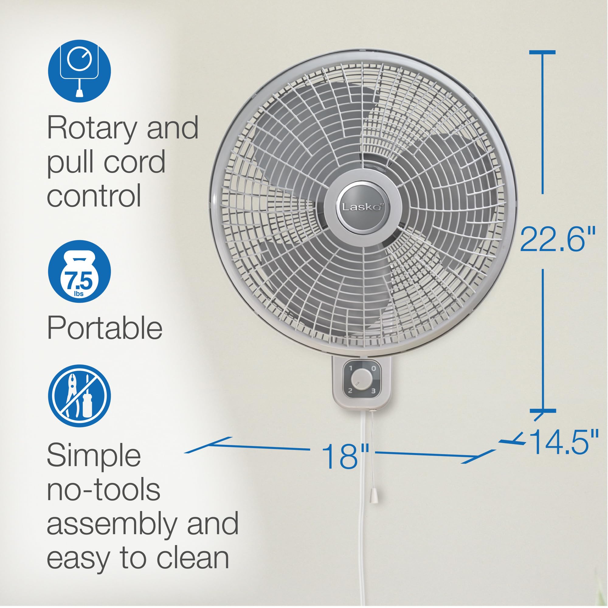 Lasko M16900 mounted on a wall saving floor space in a workshop.