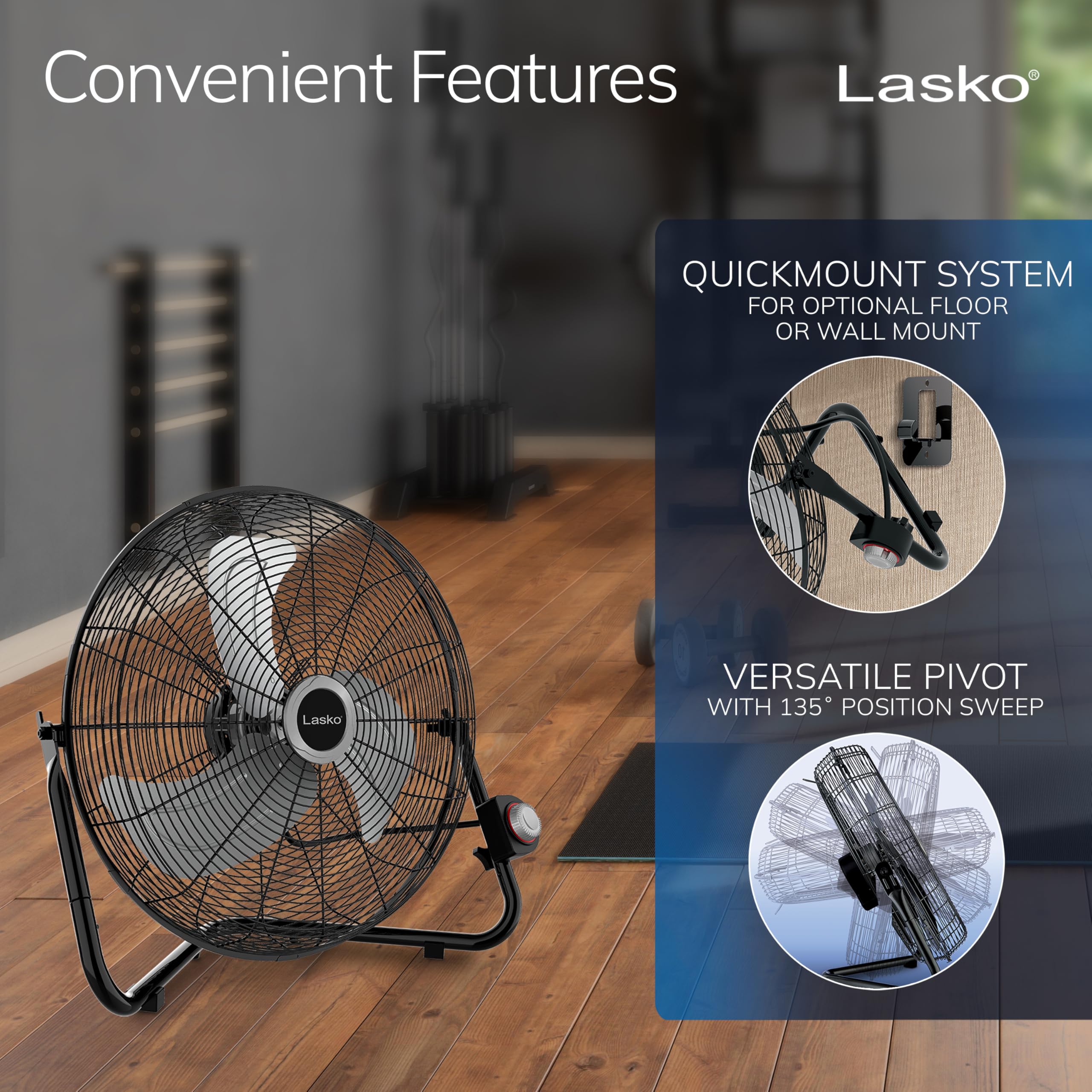 Lasko 2264QM built-in carry handle and rubber pads protect surfaces during setup.