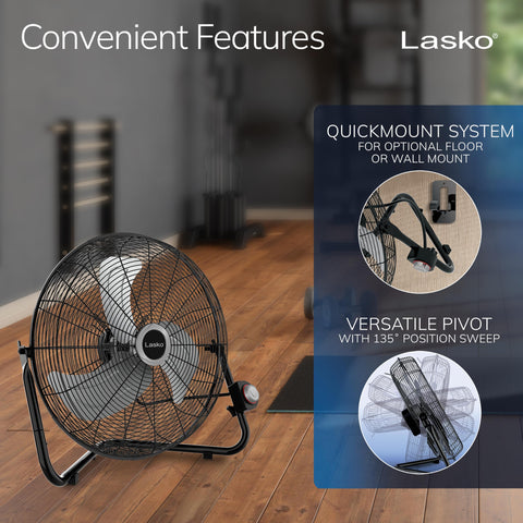 Lasko 2264QM built-in carry handle and rubber pads protect surfaces during setup.