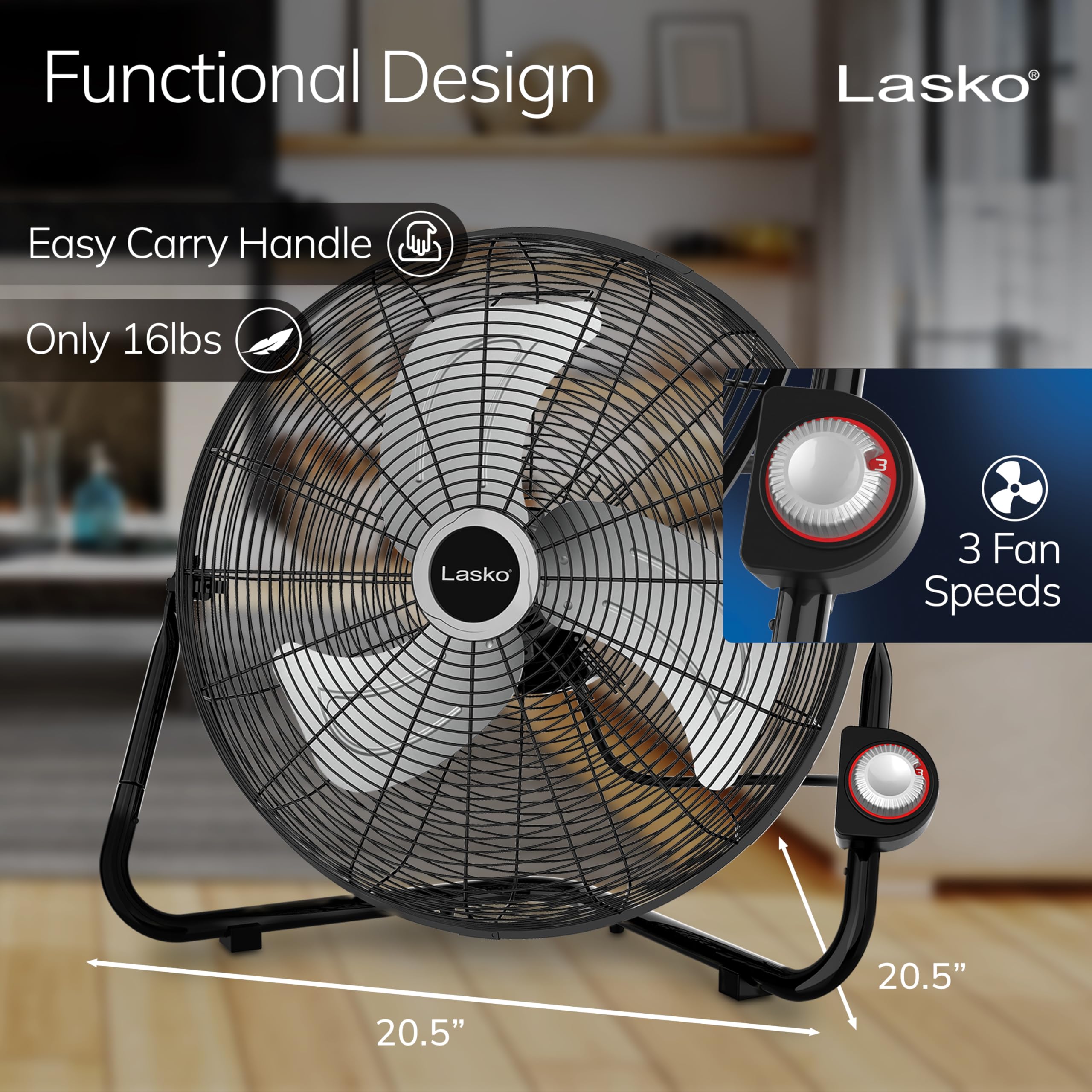 Lasko 2264QM high velocity fan with three speeds for adjustable cooling.
