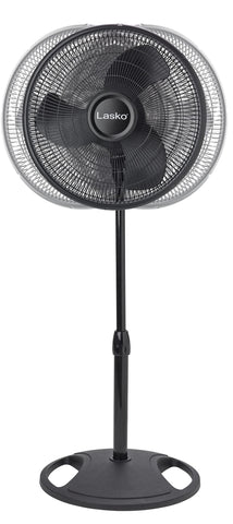 Lasko 2521 black 16-inch pedestal fan fits modern spaces with quiet operation.