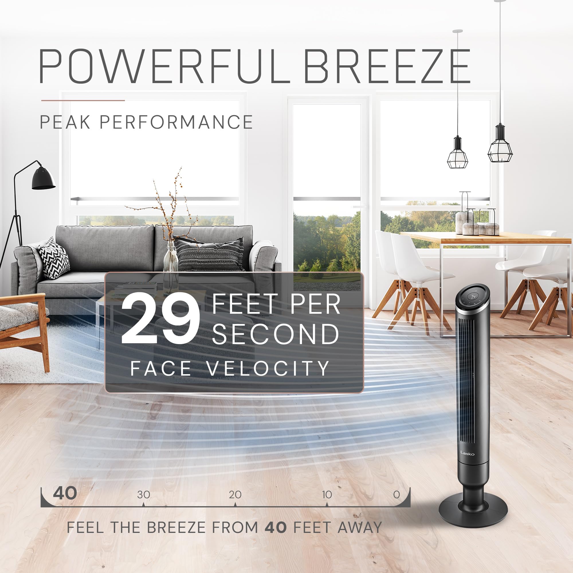 Lasko Apex 90-degree oscillation for wide airflow coverage.