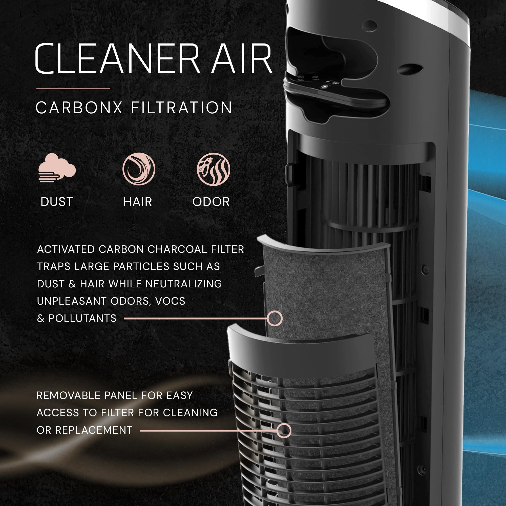 Lasko Apex carbon filter reduces dust and odors for cleaner air.