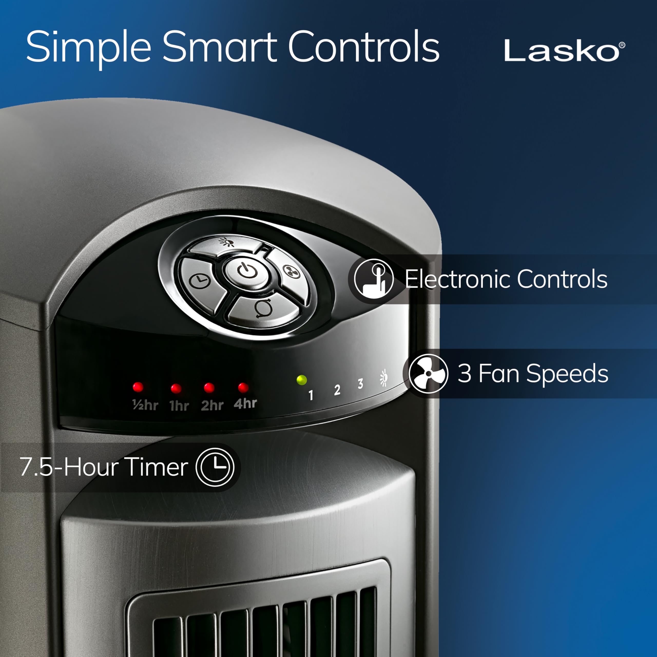 Lasko bedroom fan with sleek design blends into modern decor.