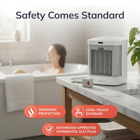 Lasko CD08200 integrated ALCI plug for bathroom safety.