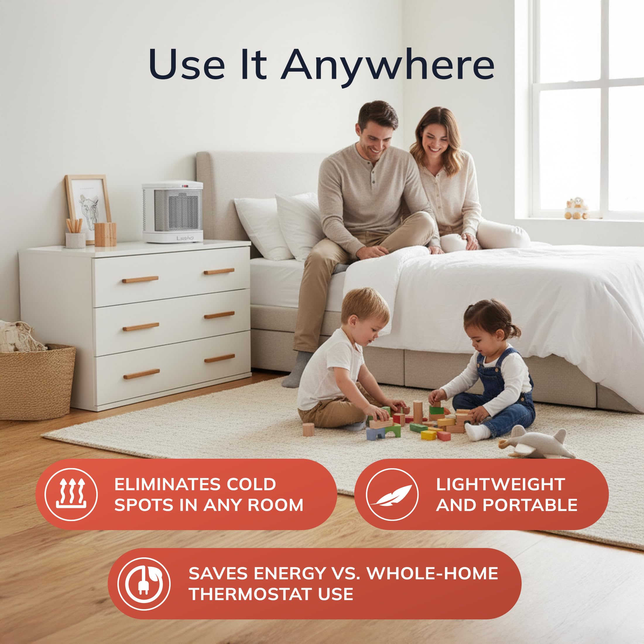 Lasko CD08200 Simple Heat button provides quick one-hour boost.